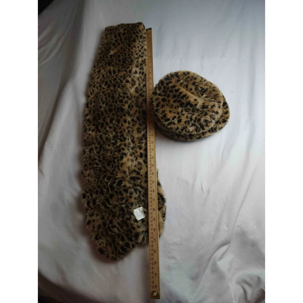 Unbranded Leopard Scarf Set Womens One Size Brown Faux Fur Winter Animal Print